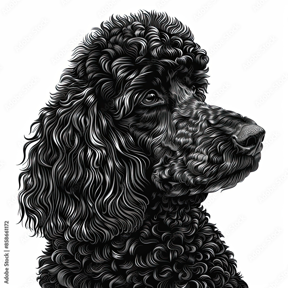 A black and white drawing of a poodle dog A black and white drawing of a poodle dog