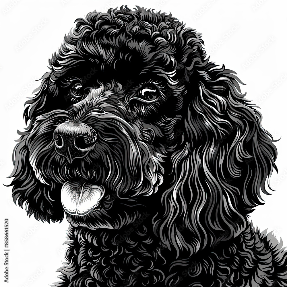 A black and white drawing of a poodle dog A black and white drawing of a poodle dog
