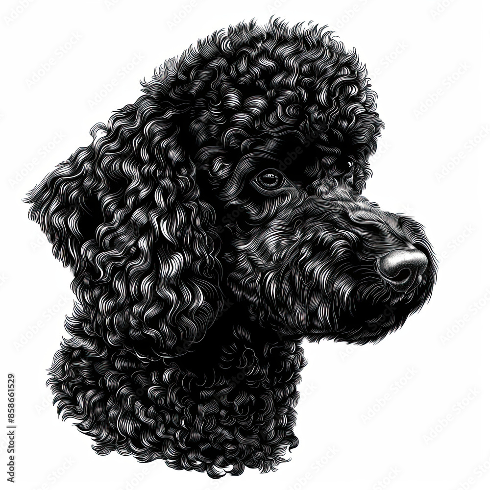 A black and white drawing of a poodle dog A black and white drawing of a poodle dog