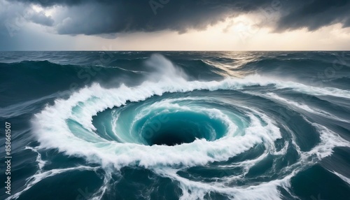 A deep whirlpool in the ocean during a storm. photo