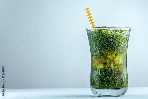 Refreshing Tereré Infusion, Yerba Mate Cold Drink with Straw, Light Background, Paraguayan Herbal Beverage, Ideal for Summer, Copyspace for Text, Minimalistic Style, Perfect for Marketing Material photo