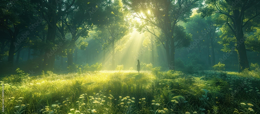 Beautiful view of green wood forest in summer