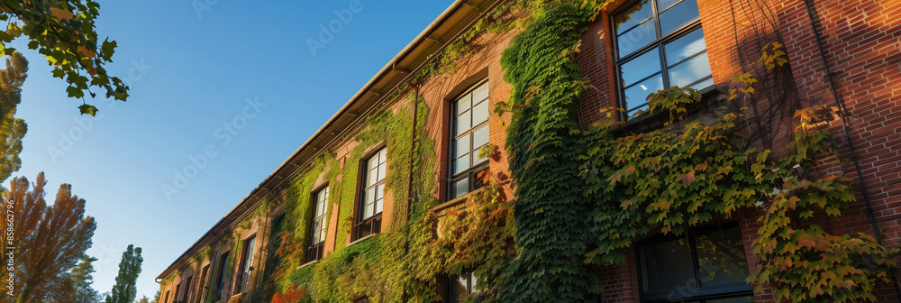 Naklejka premium Rustic Brick Office Building with Ivy-Covered Walls Against Golden Sky, New Construction Concept