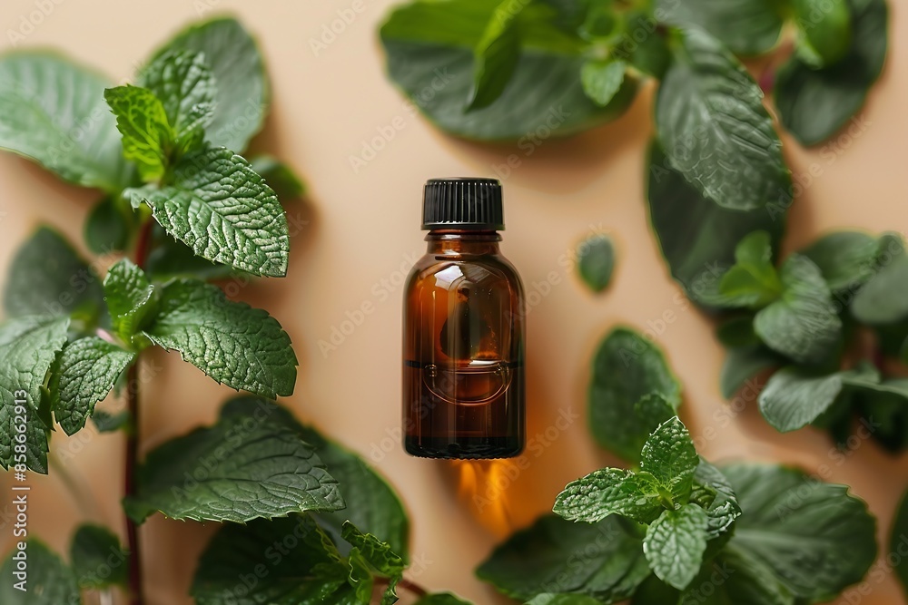 Natural Mint Essential Oil in a Glass Bottle. organic cosmetics with herbal extracts of mint on colored background. generative ai. Natural Mint Essential Oil in a Glass Bottle. organic cosmetics with herbal extracts of mint on colored background. generative ai.