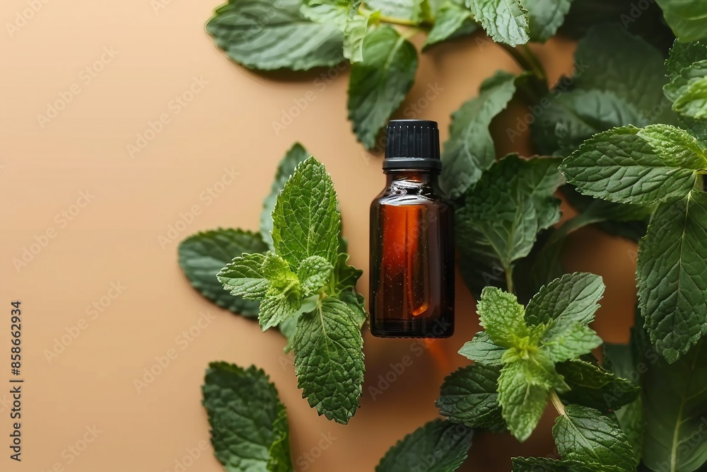 Natural Mint Essential Oil in a Glass Bottle. organic cosmetics with herbal extracts of mint on colored background. generative ai. Natural Mint Essential Oil in a Glass Bottle. organic cosmetics with herbal extracts of mint on colored background. generative ai.