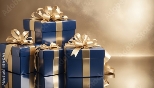 The gift packs are navy blue in color and are wrapped in gold ribbon, evoking a celebratory atmosphere. photo