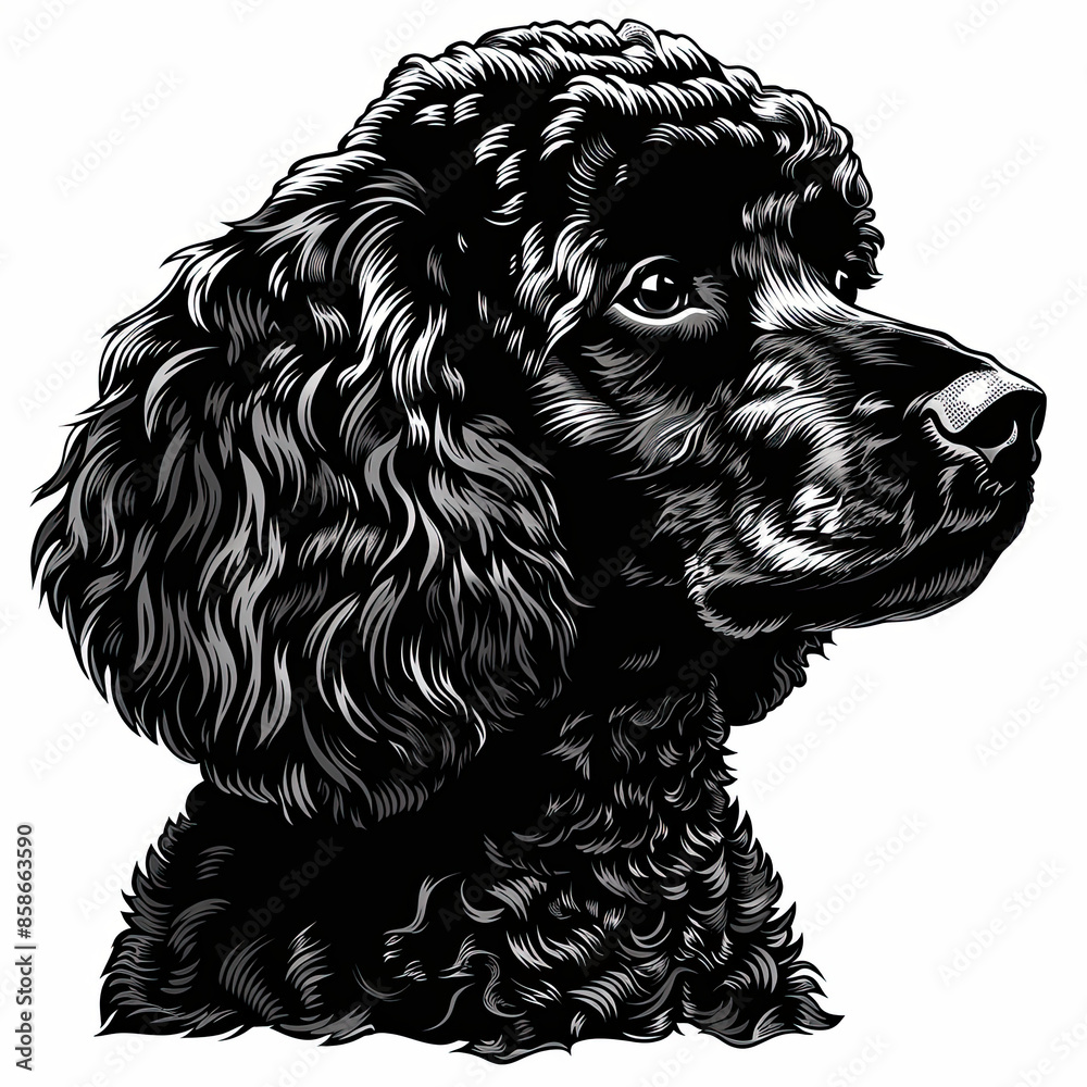 A black and white drawing of a poodle dog A black and white drawing of a poodle dog