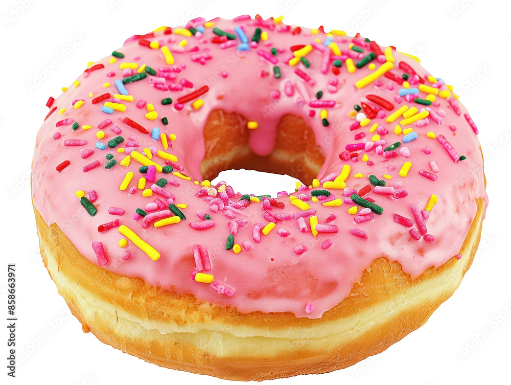 A pink frosted doughnut with sprinkles on top