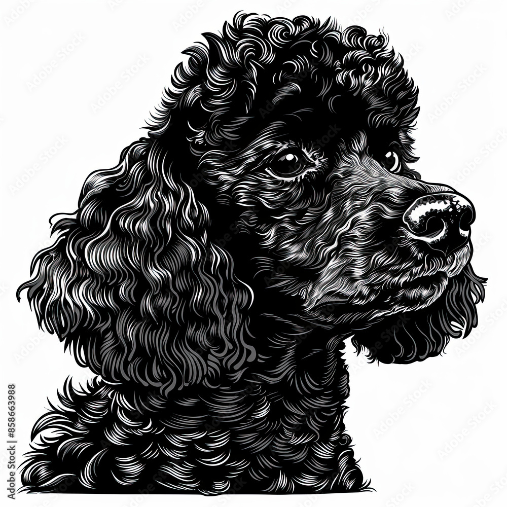 A black and white drawing of a poodle dog A black and white drawing of a poodle dog
