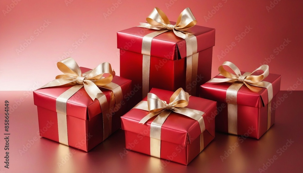 gold-plated gift packages with red ribbons, celebration concept gold-plated gift packages with red ribbons, celebration concept