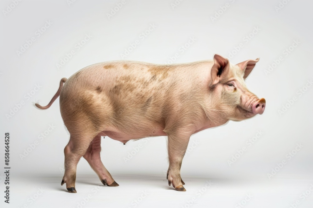 Fototapeta premium the beside view Tamworth Pig standing, left side view, white copy space on right isolated on white background