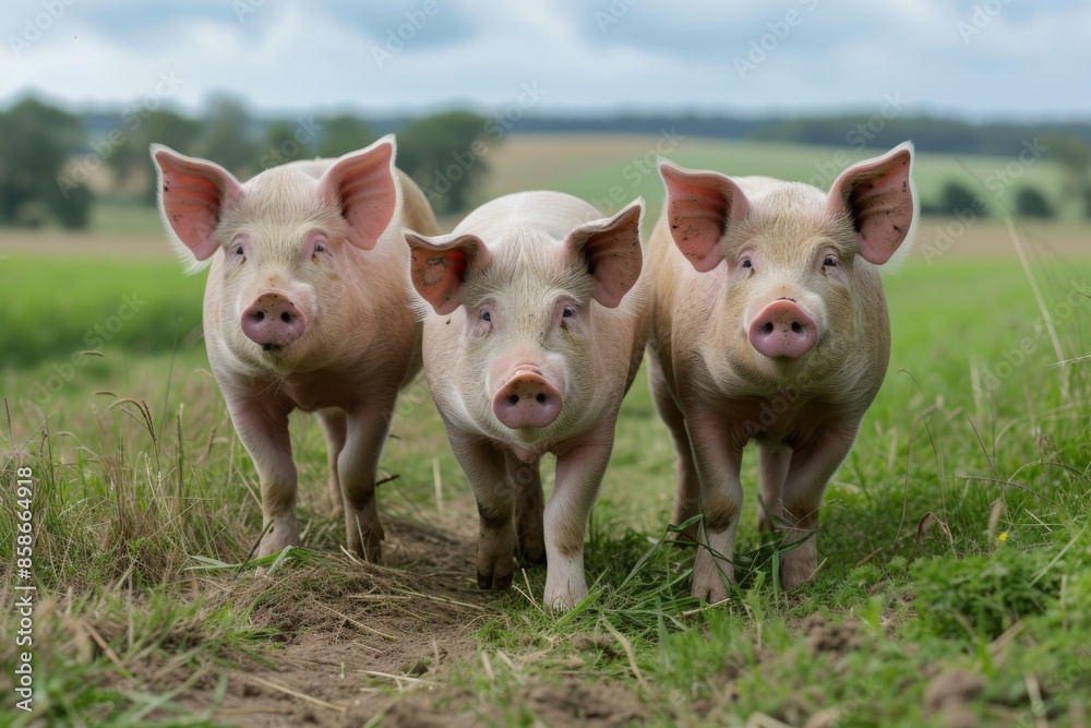 View from beside body of a three Hampshire pig standing on grass, Awe-inspiring, Full body shot ::2 low Angle View View from beside body of a three Hampshire pig standing on grass, Awe-inspiring, Full body shot ::2 low Angle View