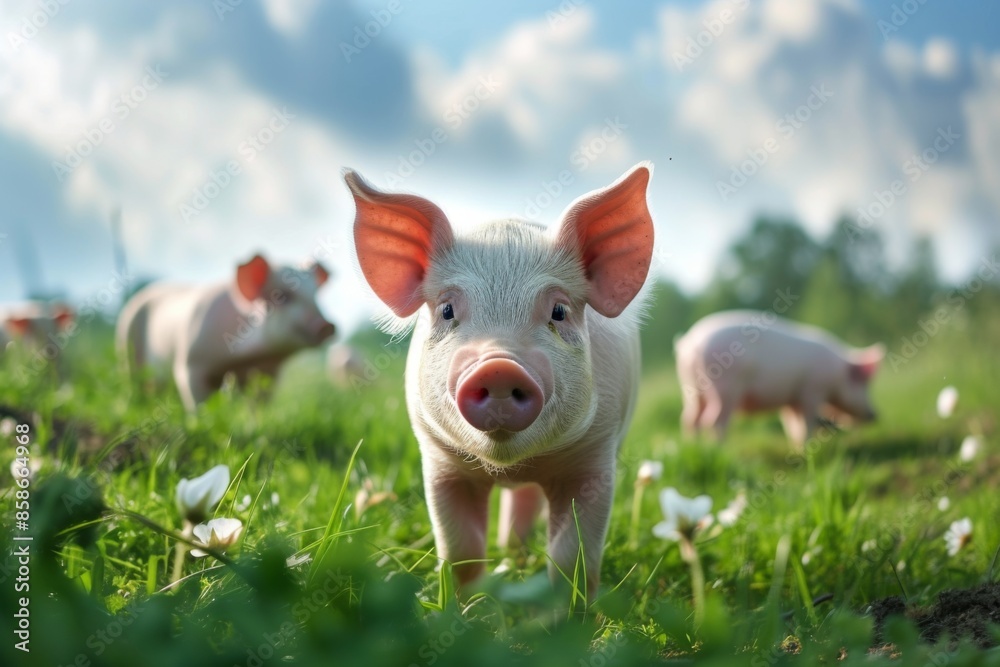 View from beside body of a three Landrace pig standing on grass, Awe-inspiring, Full body shot ::2 low Angle View View from beside body of a three Landrace pig standing on grass, Awe-inspiring, Full body shot ::2 low Angle View