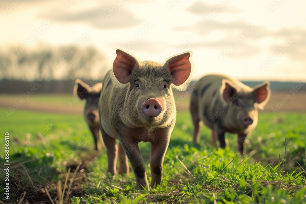View from beside body of a three Tamworth pig standing on grass, Awe-inspiring, Full body shot ::2 low Angle View View from beside body of a three Tamworth pig standing on grass, Awe-inspiring, Full body shot ::2 low Angle View