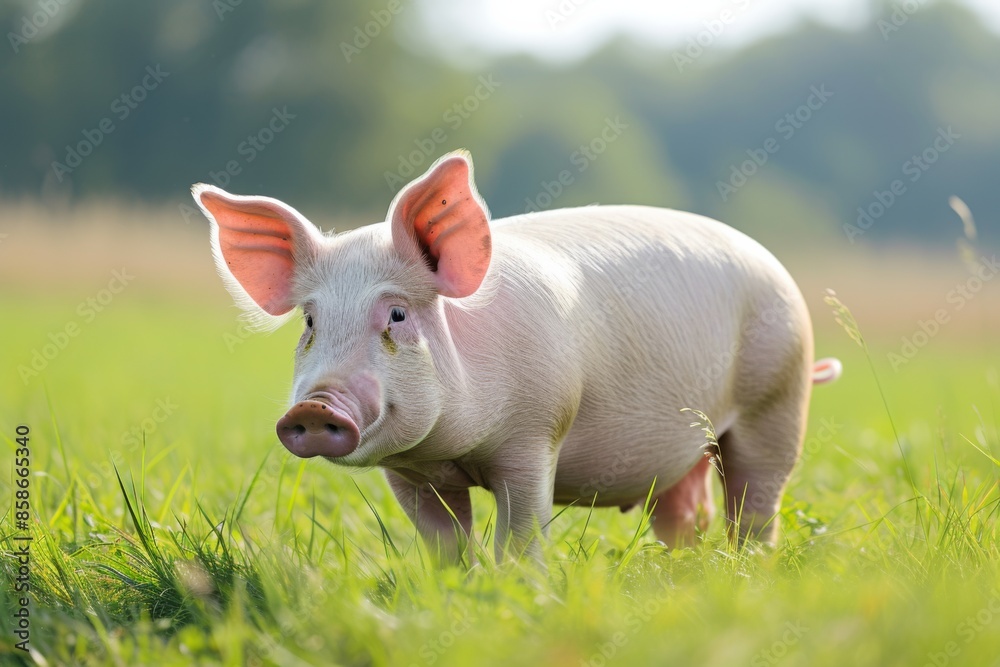 Fototapeta premium View from side body of a Dberkshire pig standing on grass, Awe-inspiring, Full body shot ::2 Side Angle View