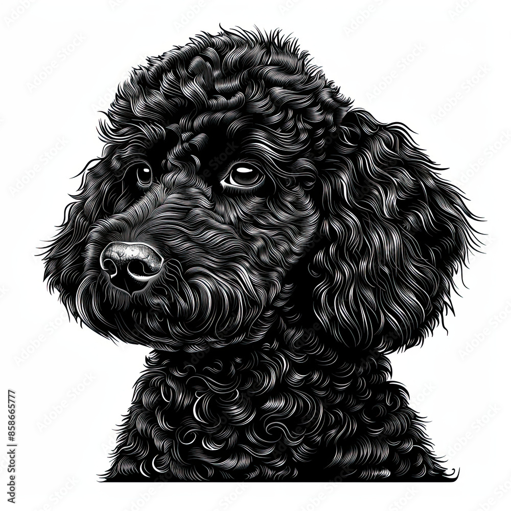 A black and white drawing of a poodle dog A black and white drawing of a poodle dog