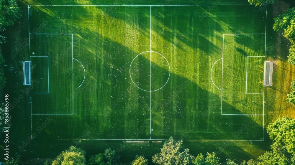Aerial view of a football field surrounded by greenery Aerial view of a football field surrounded by greenery