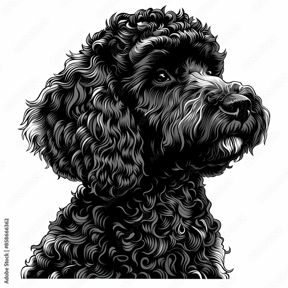 A black and white drawing of a poodle dog A black and white drawing of a poodle dog