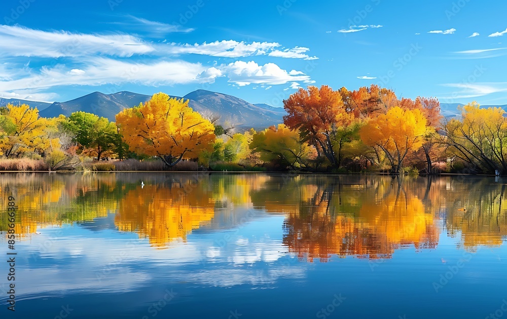 Autumn landscape with reflection of trees in the lake and blue sky at New Mexico, USA Autumn landscape with reflection of trees in the lake and blue sky at New Mexico, USA
