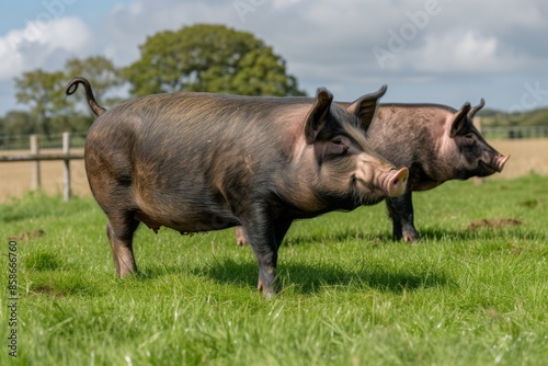 View from side body of a three Tamworth pig standing on grass, Awe-inspiring, Full body shot ::2 Side Angle View © Tebha Workspace