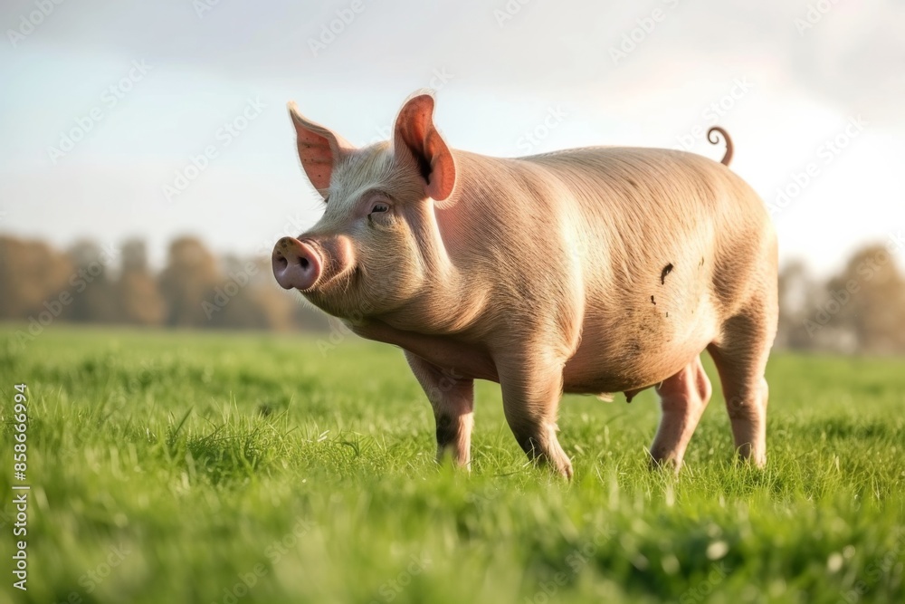 View from side body of a Yorkshire pig standing on grass, Awe-inspiring, Full body shot ::2 Side Angle View View from side body of a Yorkshire pig standing on grass, Awe-inspiring, Full body shot ::2 Side Angle View
