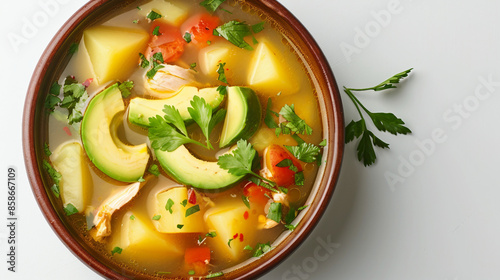 Authentic Ajiaco Colombiano - Traditional Colombian Soup with Potato, Chicken, and Avocado, Common in Latin America Stock Photo photo