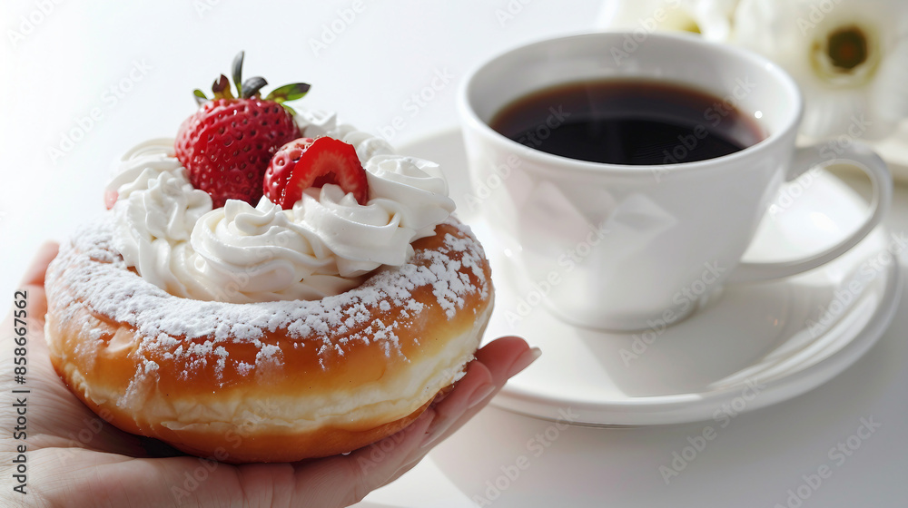 Joyful Young Woman Serving Delicious Donut with Whipped Cream and Strawberries with Coffee in Stylish Cafe Setting Joyful Young Woman Serving Delicious Donut with Whipped Cream and Strawberries with Coffee in Stylish Cafe Setting