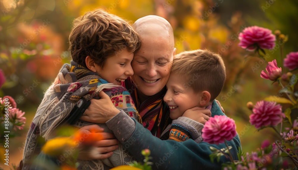 A cancer survivor mother with a post-chemotherapy bald head is hugged by her children in a sunny park A cancer survivor mother with a post-chemotherapy bald head is hugged by her children in a sunny park