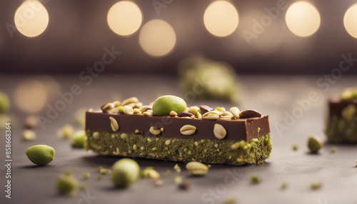 A bar of chocolate containing pistachios. photo