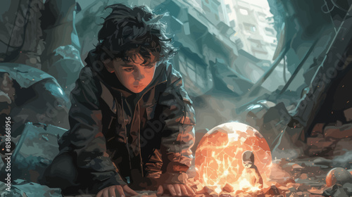 A Young Boy in a Post-Apocalyptic World, Crouching Before a Glowing Egg-like Object Amidst Ruins