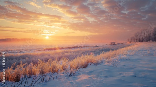 Peaceful snowy field foreground, stunning afterglow on the horizon, serene sunset atmosphere, raw and vivid detail