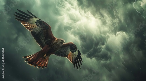 Red kite mid-flight, stormy sky backdrop, perspective from below, raw texture, dramatic and energetic, vivid detail photo