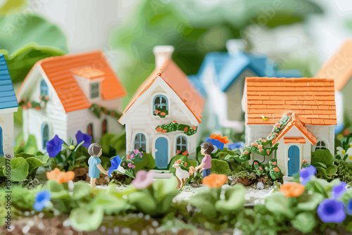 Miniature Garden Scene with Toy Houses and Figures