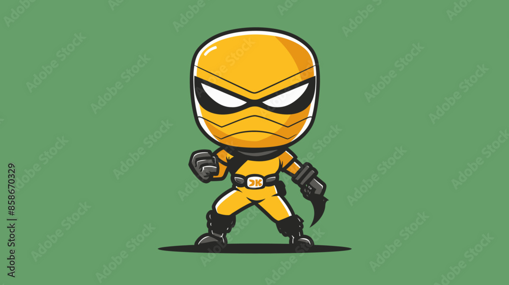 Stylized Cartoon Character with a Yellow Mask and Black Gloves, Standing on a Green Background Stylized Cartoon Character with a Yellow Mask and Black Gloves, Standing on a Green Background