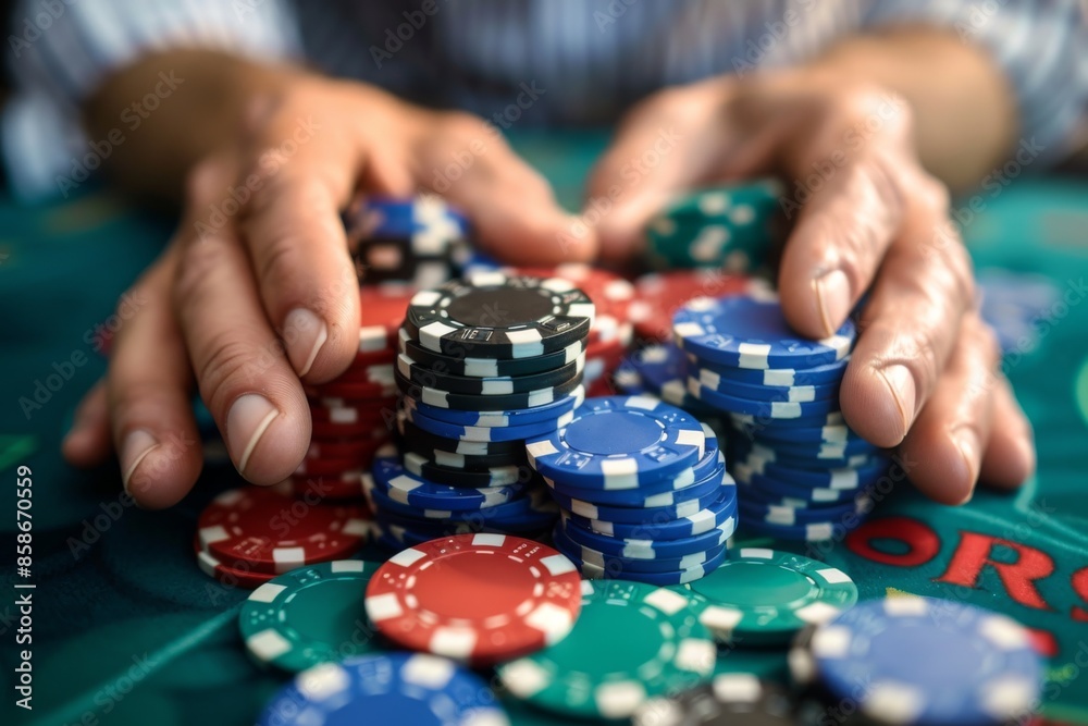 Man with chips on a green poker table Man with chips on a green poker table