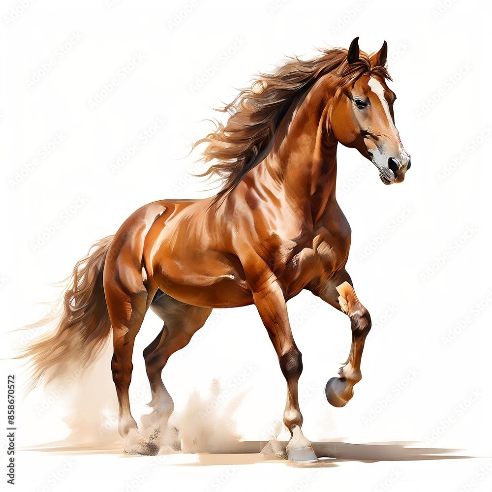 Obraz premium Original name brown-horse commands the composition-legs-poised-as-if-mid-step-on-a-stark-white-background-hint