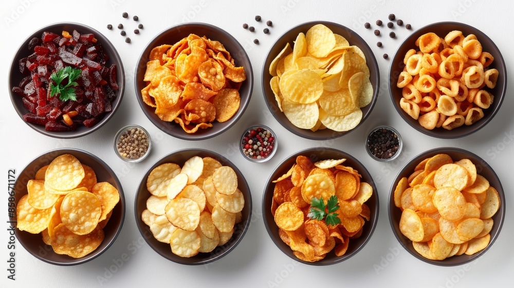 Various snack bowls with chips and mixed spices on white background. Various snack bowls with chips and mixed spices on white background.