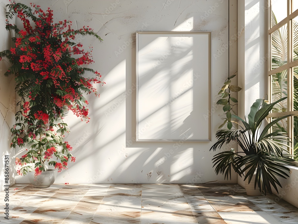 Sophisticated Minimalist Interior with Dramatic Framed Backdrop and Lush Greenery Sophisticated Minimalist Interior with Dramatic Framed Backdrop and Lush Greenery