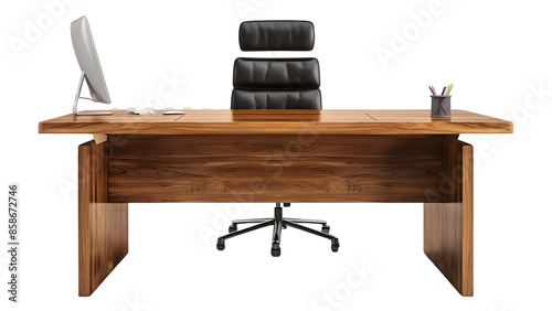 Office computer on desk with chair isolated on a transparent background, PNG