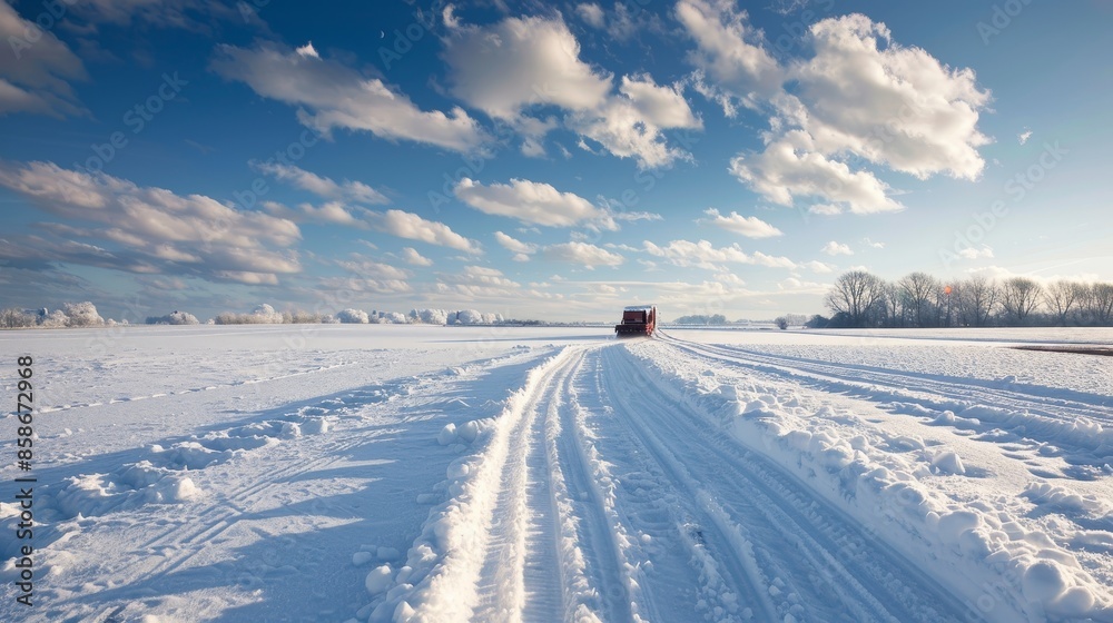 Snowplow traversing a snowy field, trails visible, winter landscape, blue sky with white clouds, raw and crisp details Snowplow traversing a snowy field, trails visible, winter landscape, blue sky with white clouds, raw and crisp details