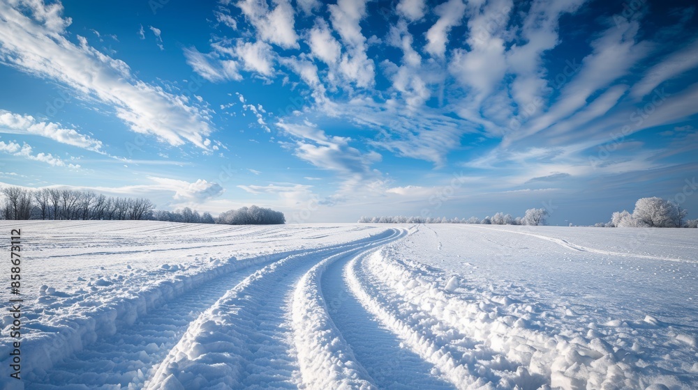 Snowy field with a snowplow's trails, winter atmosphere, blue sky with scattered white clouds, raw and detailed, serene scene