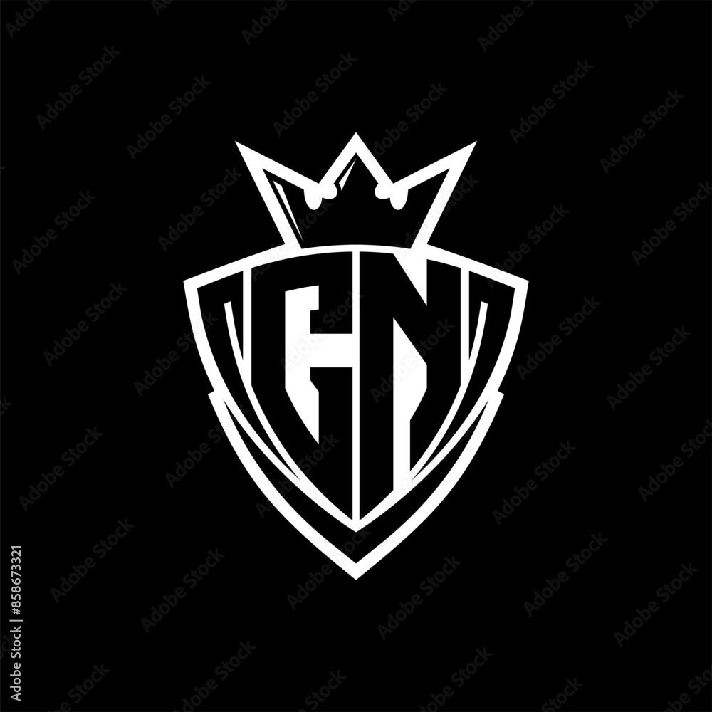 CN Letter logo with sharp triangle shield shape with crown inside white outline on black background template design CN Letter logo with sharp triangle shield shape with crown inside white outline on black background template design