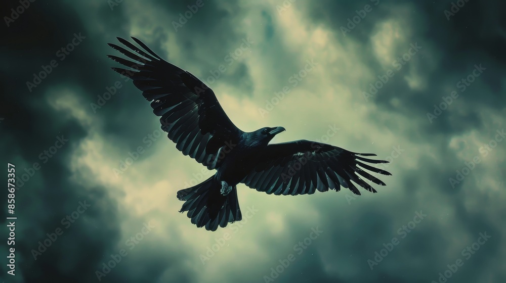 Fototapeta premium Soaring blackbird with spread wings, stormy sky above, looking up, raw and vivid detail, capturing the turbulent scene