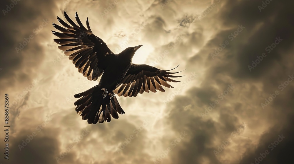 Fototapeta premium Soaring blackbird with spread wings, stormy sky above, looking up, raw and vivid detail, capturing the turbulent scene