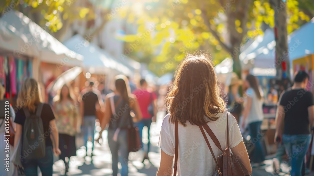 Naklejka premium The backdrop of the street art fair is a dreamlike blur with artists showcasing their unique styles.