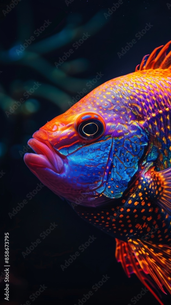 Vibrant tropical fish in a dark underwater scene, close-up. Marine wildlife and biodiversity concept Vibrant tropical fish in a dark underwater scene, close-up. Marine wildlife and biodiversity concept