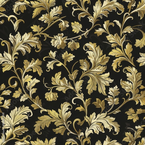 Generate a repeating Louis pattern with elaborate vine and leaf designs. Use a single color like antique gold. The design should be intricate and classic, perfect for luxurious fabric prints.