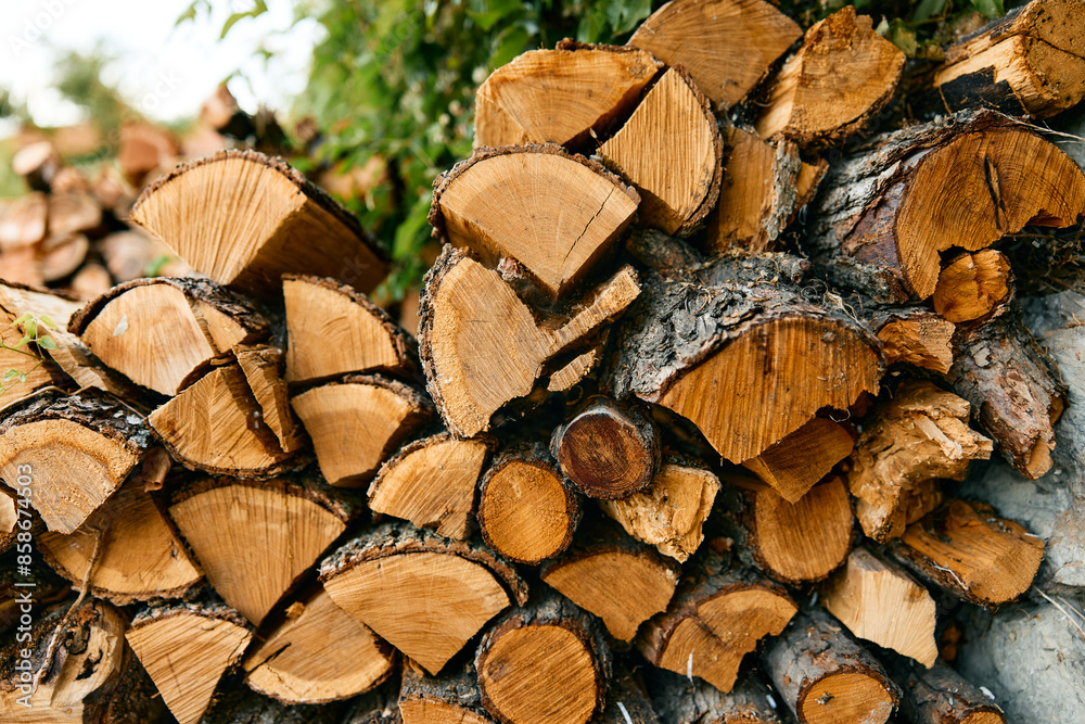 Rustic woodpile in front of leafy tree and wooden fence against brick wall Rustic woodpile in front of leafy tree and wooden fence against brick wall
