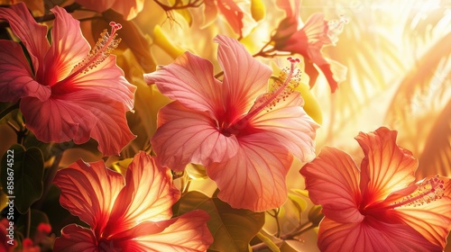 Tropical hibiscus flowers under golden sunlight