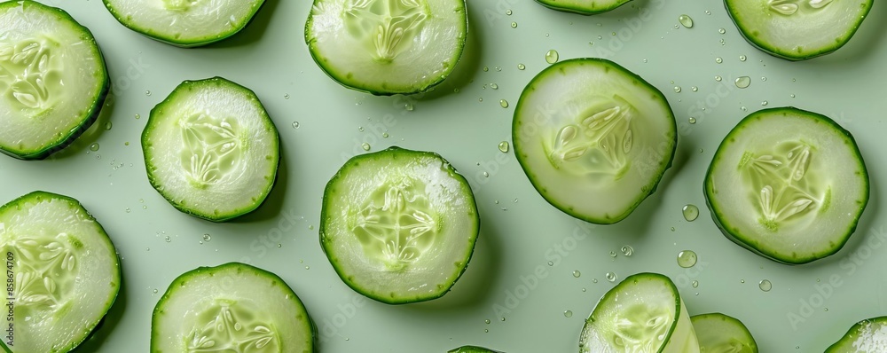 Cucumber slices on light green background, clean flat lay with room for text, cucumber, minimal Cucumber slices on light green background, clean flat lay with room for text, cucumber, minimal